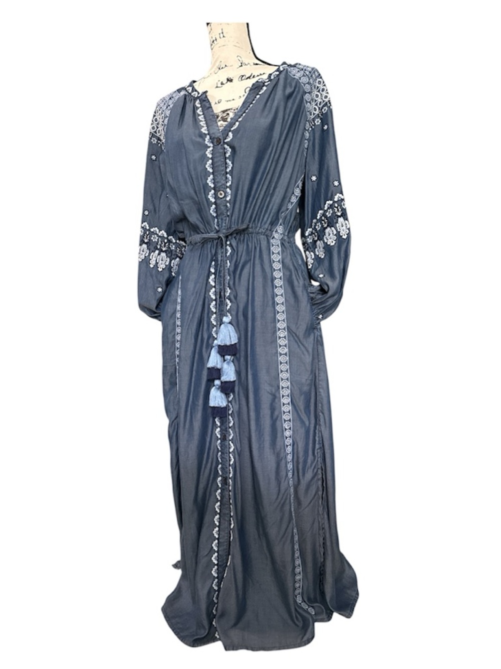NWOT Tommy Bahama Denim Blue Chambray Embroidered Maxi Dress Drawstring Waist M